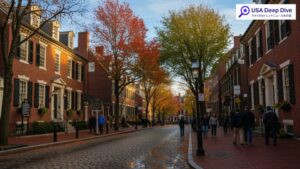 ボストン観光のおすすめスポット７選を象徴するフリーダムトレイルの風景。歴史的建築と自然が調和した街並みを描写。