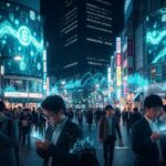 最先端AIミュトスのアクセス権を2週間以内に金融機関へ付与するための忙しい都市シーンを描写。