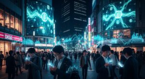 最先端AIミュトスのアクセス権を2週間以内に金融機関へ付与するための忙しい都市シーンを描写。