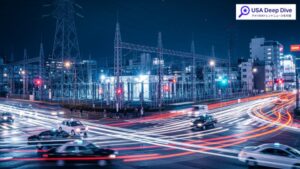 AIデータセンター建設ラッシュの影響で米東部の電気料金が76%上昇。現代の都市環境を背景に、エネルギー需要の抽象的な表現を描写。