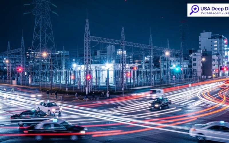 AIデータセンター建設ラッシュの影響で米東部の電気料金が76%上昇。現代の都市環境を背景に、エネルギー需要の抽象的な表現を描写。