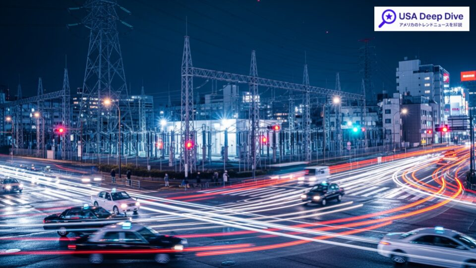 AIデータセンター建設ラッシュの影響で米東部の電気料金が76%上昇。現代の都市環境を背景に、エネルギー需要の抽象的な表現を描写。