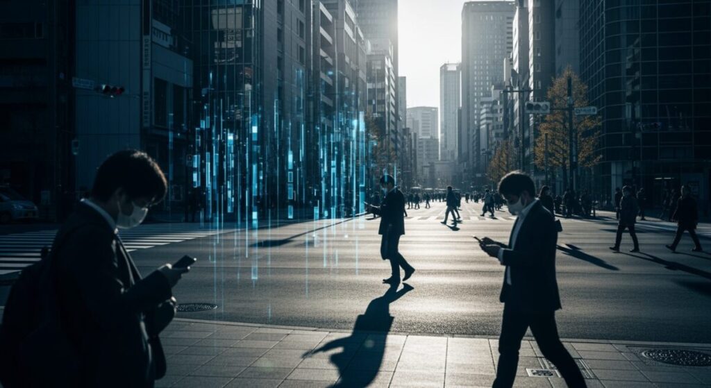 アンソロピックのAIミュトスがもたらす脅威を象徴する、日本の都市風景。現代のテクノロジーと人々の関わりを抽象的に表現。