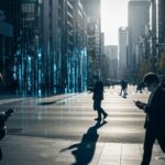 アンソロピックのAIミュトスがもたらす脅威を象徴する、日本の都市風景。現代のテクノロジーと人々の関わりを抽象的に表現。