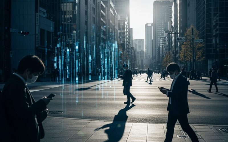 アンソロピックのAIミュトスがもたらす脅威を象徴する、日本の都市風景。現代のテクノロジーと人々の関わりを抽象的に表現。