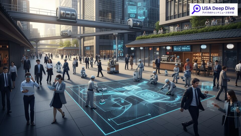 カリフォルニア州「SB951」とニューサム知事令で進むAI失業対策に関連する現代の労働者たちの様子を描いた都市の風景。