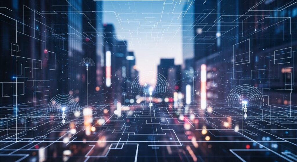 AIクロード・ミュトスの弱点探知能力と米政府の対応を示す現代日本の都市シーン。技術とセキュリティの抽象表現を取り入れています。