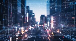 AIクロード・ミュトスの弱点探知能力と米政府の対応を示す現代日本の都市シーン。技術とセキュリティの抽象表現を取り入れています。