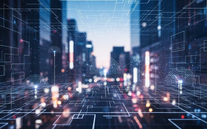 AIクロード・ミュトスの弱点探知能力と米政府の対応を示す現代日本の都市シーン。技術とセキュリティの抽象表現を取り入れています。