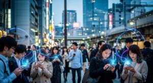 金融庁が「ミュトス」悪用に備え金融機関へ緊急対応を要請。現代日本の都市生活の一コマを表現した画像。
