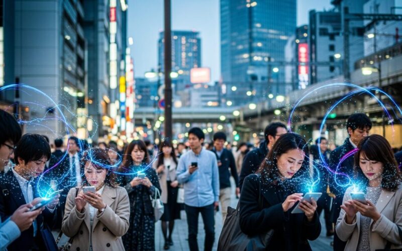 金融庁が「ミュトス」悪用に備え金融機関へ緊急対応を要請。現代日本の都市生活の一コマを表現した画像。