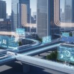 日立がアンソロピックと提携し電力・鉄道分野でAIシステムを開発。現代日本の都市景観を背景に、AI技術の安全性と革新性を表現。