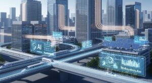 日立がアンソロピックと提携し電力・鉄道分野でAIシステムを開発。現代日本の都市景観を背景に、AI技術の安全性と革新性を表現。