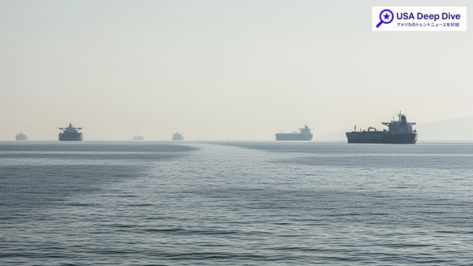 IEA・EIAが警鐘を鳴らすホルムズ海峡封鎖の影響を示す。海上に大きな影響を及ぼす空間が広がる様子を捉えています。