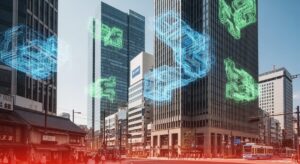 ファーウェイの半導体製造と米国の中国AI支配阻止戦略の現状を示す、現代日本の都市風景。技術の進展と規制の課題を抽象的に表現。