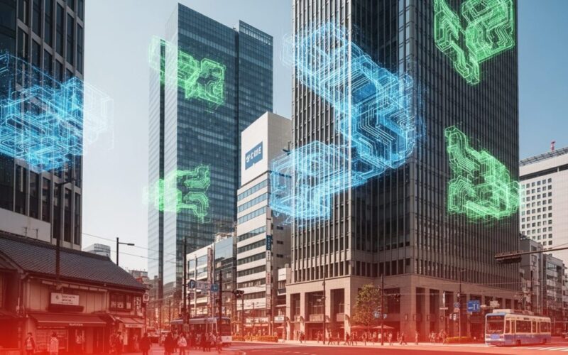 ファーウェイの半導体製造と米国の中国AI支配阻止戦略の現状を示す、現代日本の都市風景。技術の進展と規制の課題を抽象的に表現。