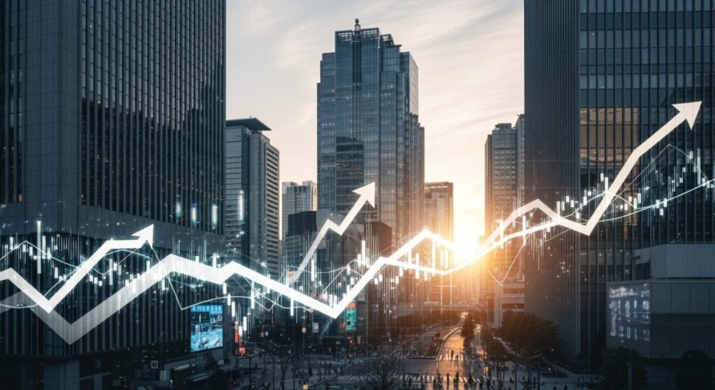 マイクロソフトの2026年株価見通しとAIエンジンの加速を反映した、金融街での株価トレンドを抽象的に表現した風景の画像です。