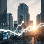 マイクロソフトの2026年株価見通しとAIエンジンの加速を反映した、金融街での株価トレンドを抽象的に表現した風景の画像です。