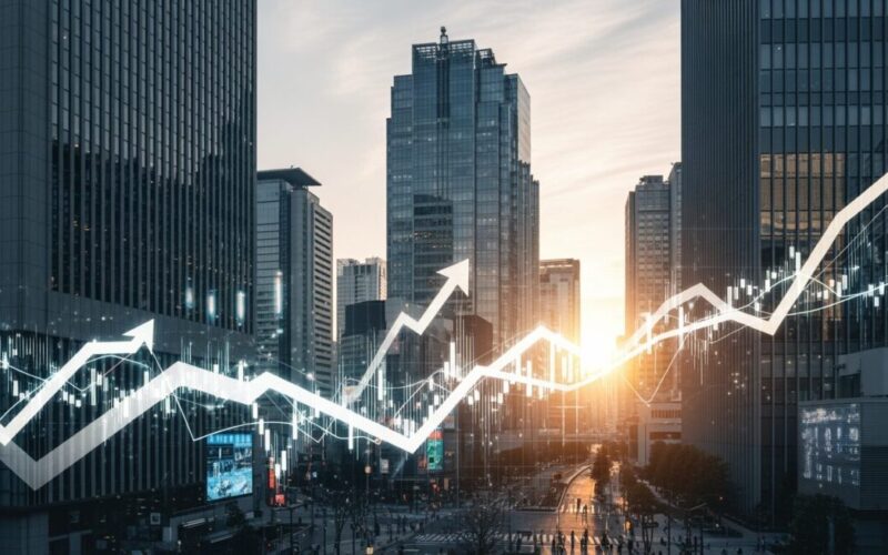 マイクロソフトの2026年株価見通しとAIエンジンの加速を反映した、金融街での株価トレンドを抽象的に表現した風景の画像です。