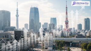 日経平均が一時1200円超高、アメリカの株高やイラン情勢の収束期待が影響する東京の景観を表現した画像です。