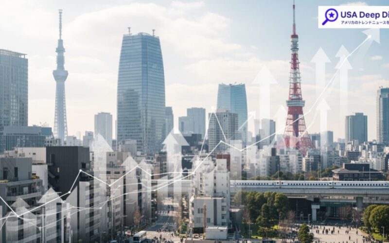 日経平均が一時1200円超高、アメリカの株高やイラン情勢の収束期待が影響する東京の景観を表現した画像です。