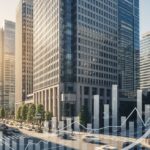 日経平均株価が初の6万5000円超えを達成したことを象徴する、日本の都市の風景と抽象的な金融グラフの表現。