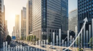 日経平均株価が初の6万5000円超えを達成したことを象徴する、日本の都市の風景と抽象的な金融グラフの表現。