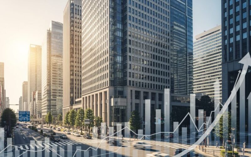日経平均株価が初の6万5000円超えを達成したことを象徴する、日本の都市の風景と抽象的な金融グラフの表現。