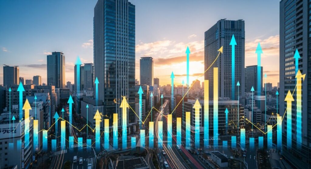 NVIDIA決算を受けAI半導体関連が好調を反映した都市の風景、株価上昇を象徴する抽象的な要素が含まれた画像です。
