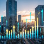 NVIDIA決算を受けAI半導体関連が好調を反映した都市の風景、株価上昇を象徴する抽象的な要素が含まれた画像です。