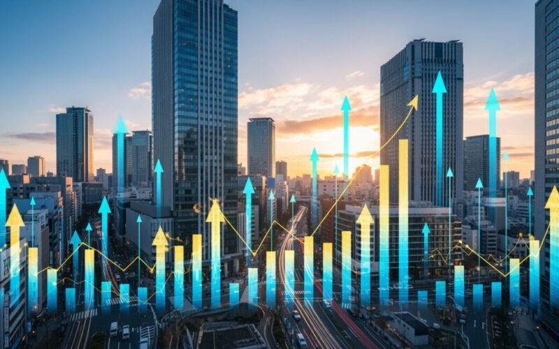 NVIDIA決算を受けAI半導体関連が好調を反映した都市の風景、株価上昇を象徴する抽象的な要素が含まれた画像です。