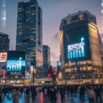 OpenAIが5月22日にも上場申請する状況を示す、都市の風景と経済成長を象徴する抽象的な表現の画像です。