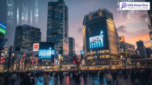 OpenAIが5月22日にも上場申請する状況を示す、都市の風景と経済成長を象徴する抽象的な表現の画像です。