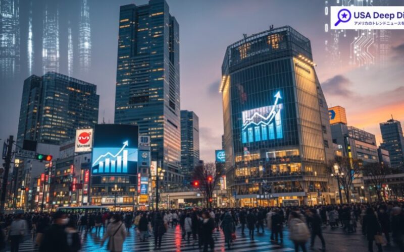 OpenAIが5月22日にも上場申請する状況を示す、都市の風景と経済成長を象徴する抽象的な表現の画像です。