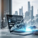 米政府が量子テック9社に3100億円拠出した影響で、IBMなどの関連株が急騰しました。都市の背景に経済成長を象徴する抽象的なグラフが描かれています。