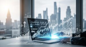 米政府が量子テック9社に3100億円拠出した影響で、IBMなどの関連株が急騰しました。都市の背景に経済成長を象徴する抽象的なグラフが描かれています。