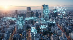 スペースXがアンソロピックと月額2000億円のAIインフラ契約を締結した背景を示す、東京都心の現代的な風景が描かれた画像です。