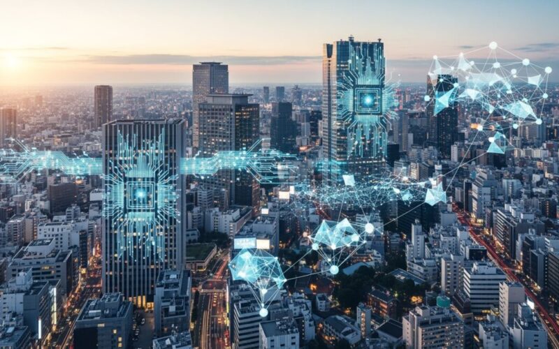 スペースXがアンソロピックと月額2000億円のAIインフラ契約を締結した背景を示す、東京都心の現代的な風景が描かれた画像です。
