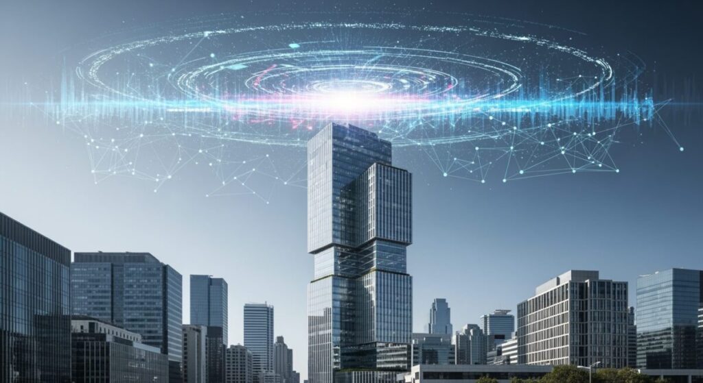 スペースXの2026年6月IPOと成長戦略を表現した、近未来的な都市景観のシーン。