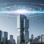 スペースXの2026年6月IPOと成長戦略を表現した、近未来的な都市景観のシーン。