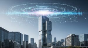 スペースXの2026年6月IPOと成長戦略を表現した、近未来的な都市景観のシーン。