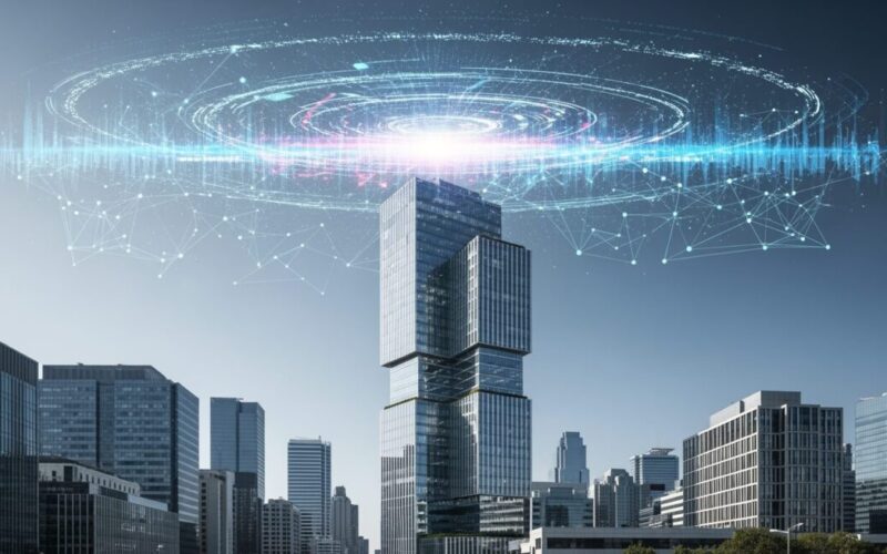 スペースXの2026年6月IPOと成長戦略を表現した、近未来的な都市景観のシーン。