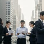 SpaceXが目論見書を提出し史上最大のIPOを実施へ。都市の人々が金融データを討論し、期待感に満ちた雰囲気を創り出すシーン。
