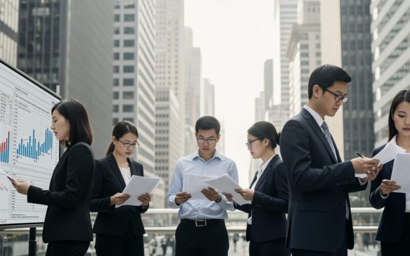 SpaceXが目論見書を提出し史上最大のIPOを実施へ。都市の人々が金融データを討論し、期待感に満ちた雰囲気を創り出すシーン。