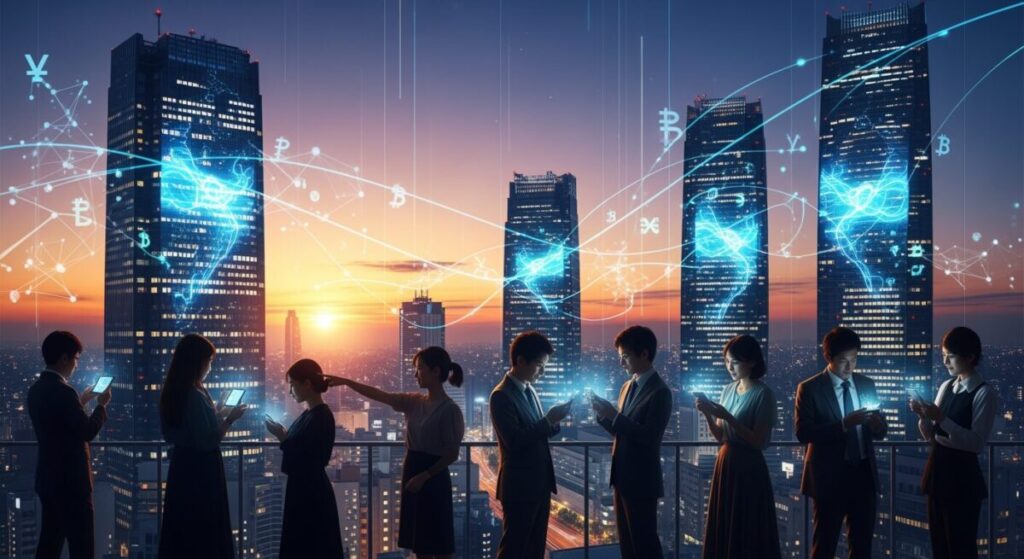 スペースXがビットコイン1.8万枚を保有していることがIPO申請で判明。都市の背景に抽象的な光のエフェクトが散りばめられたシーン。
