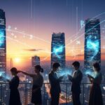 スペースXがビットコイン1.8万枚を保有していることがIPO申請で判明。都市の背景に抽象的な光のエフェクトが散りばめられたシーン。