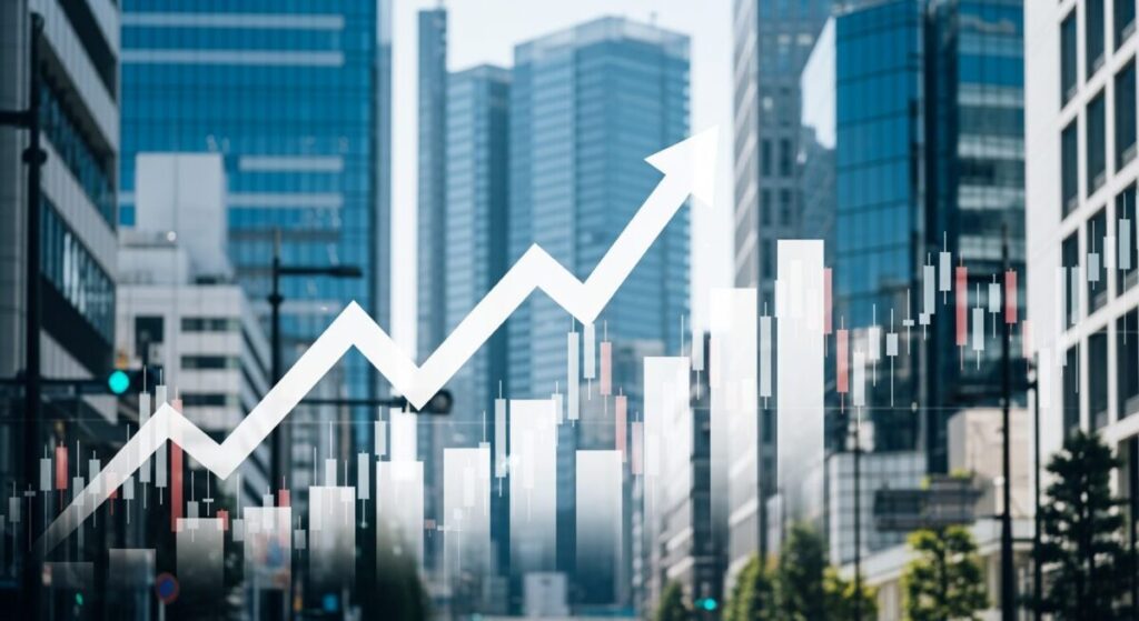 ゴールドマン・サックス主幹事でスペースXが2兆ドルIPO計画を示す、都市の風景と抽象的な経済グラフのシーン。
