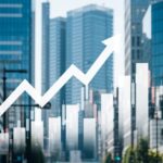 ゴールドマン・サックス主幹事でスペースXが2兆ドルIPO計画を示す、都市の風景と抽象的な経済グラフのシーン。