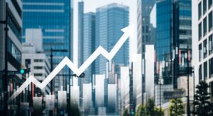 ゴールドマン・サックス主幹事でスペースXが2兆ドルIPO計画を示す、都市の風景と抽象的な経済グラフのシーン。
