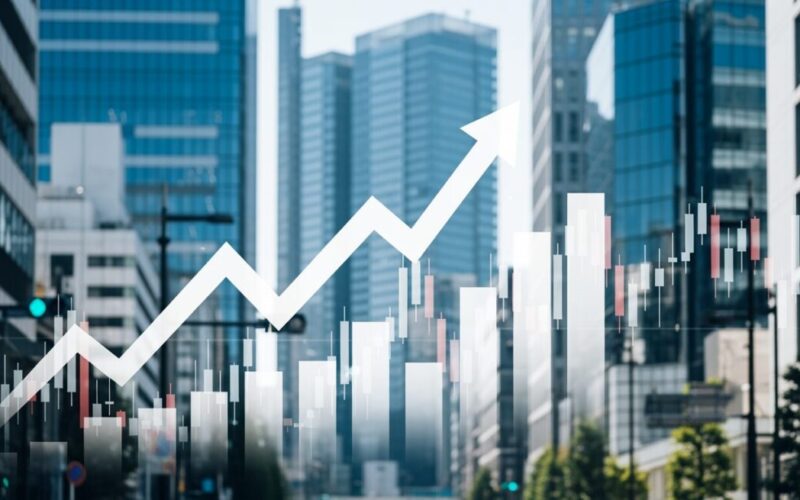 ゴールドマン・サックス主幹事でスペースXが2兆ドルIPO計画を示す、都市の風景と抽象的な経済グラフのシーン。